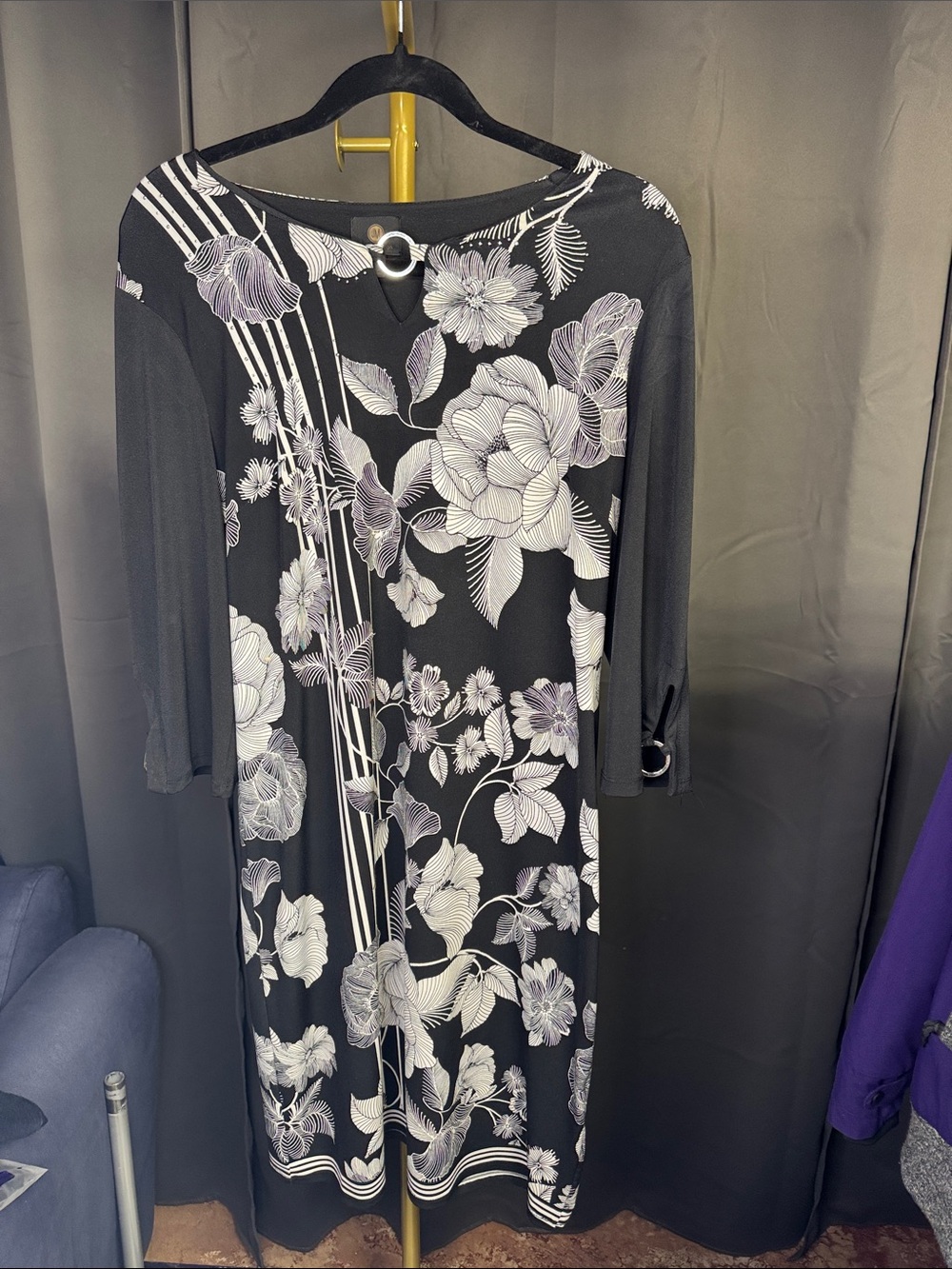 JM Collection Black Dress with White Floral Print